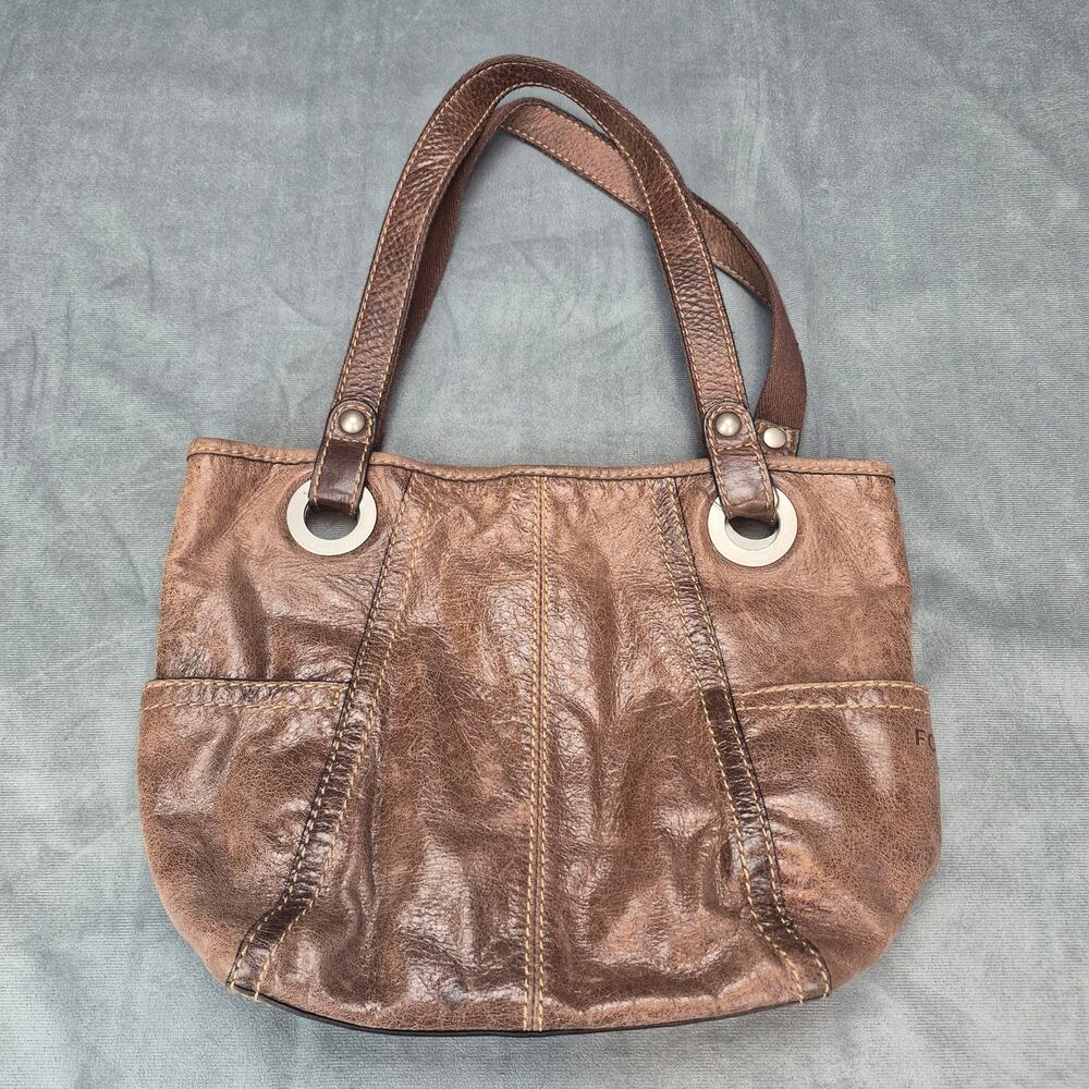 Fossil Hathaway Vintage 80s Brown Leather Tote Purse Hobo Shoulder Bag Satchel
